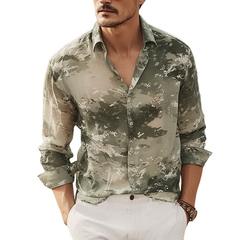 Augusto | Men'S Spring And Summer Fashion Casual Chiffon Slightly Transparent Sexy Art Print Long-Sleeved Shirt
