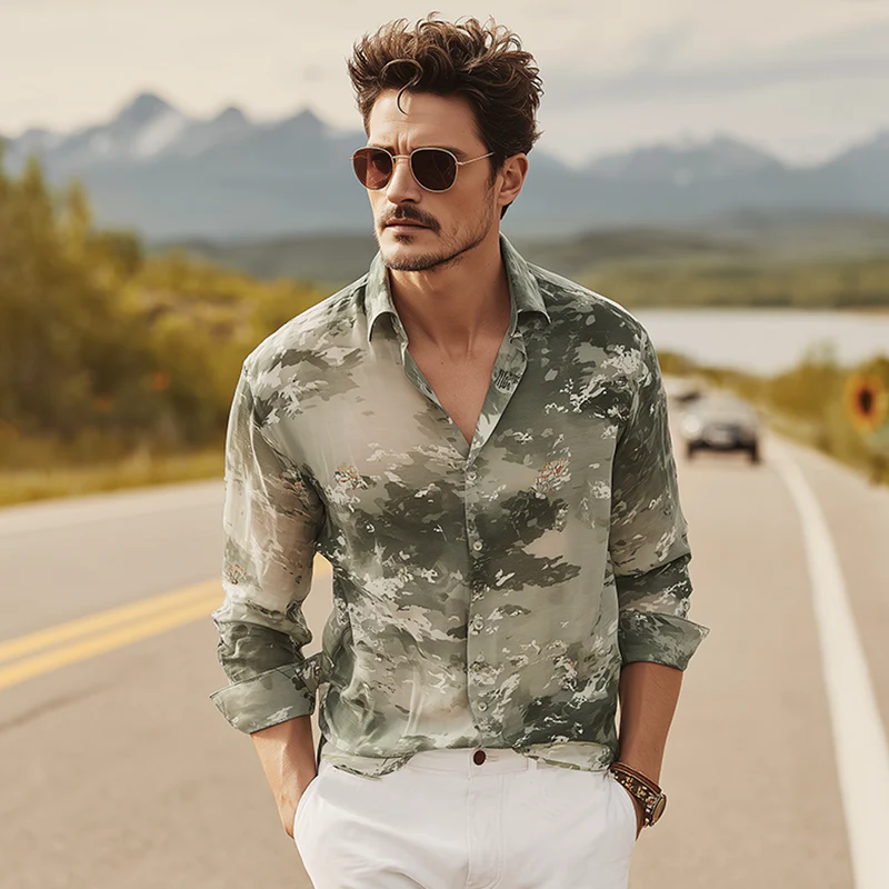 Augusto | Men'S Spring And Summer Fashion Casual Chiffon Slightly Transparent Sexy Art Print Long-Sleeved Shirt - Image 3