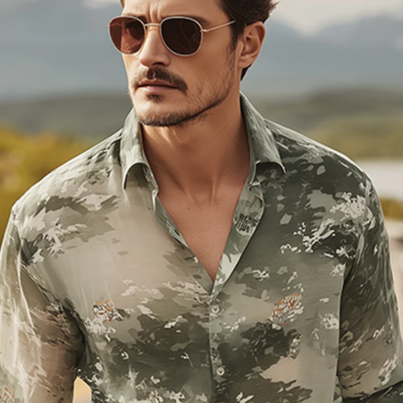 Augusto | Men'S Spring And Summer Fashion Casual Chiffon Slightly Transparent Sexy Art Print Long-Sleeved Shirt - Image 4