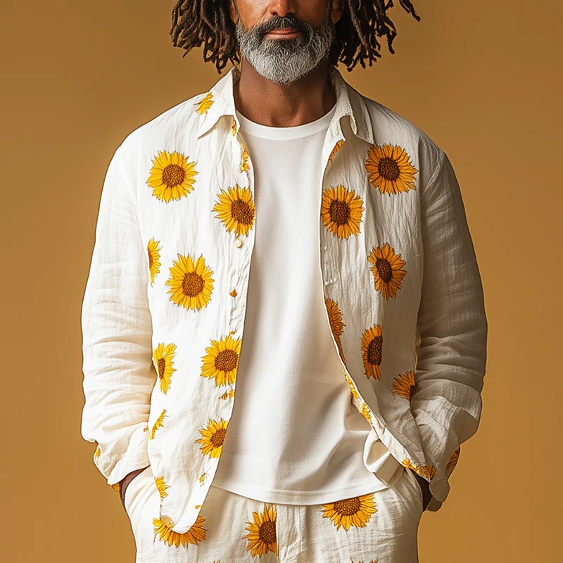 Augusto | Men'S Summer Fashion Sunflower Print Cotton And Linen Long Sleeve Shirt - Image 2