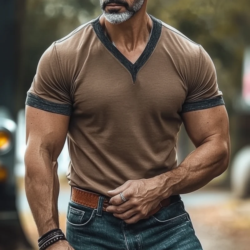 Austin | Men'S Casual Breathable Cotton Colorblock Patchwork V-Neck Slim Fit Short-Sleeved T-Shirt - Image 2