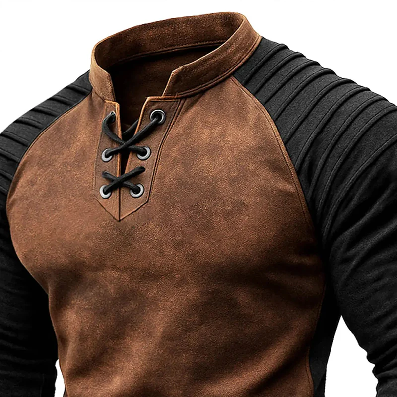 Aziz® | Men's Colorblock Blend Faux Suede Stand Collar Lace-Up Sweatshirt MTA0957J4X - Image 3