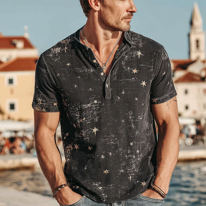 Bart | Men'S Star Print Henley Neck Short Sleeve T-Shirt - Image 2