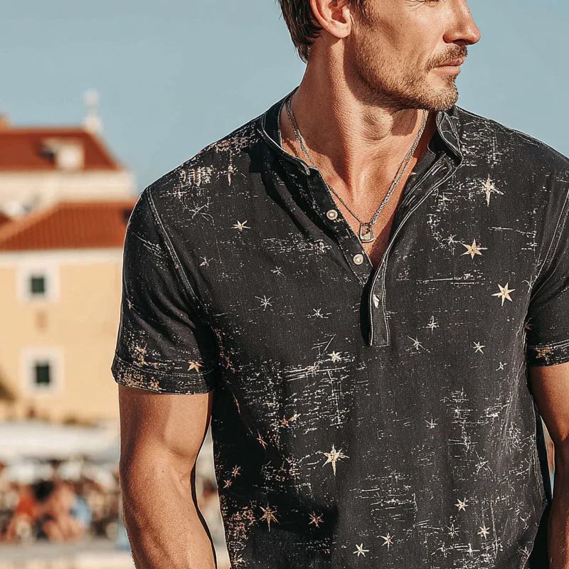 Bart | Men'S Star Print Henley Neck Short Sleeve T-Shirt - Image 3