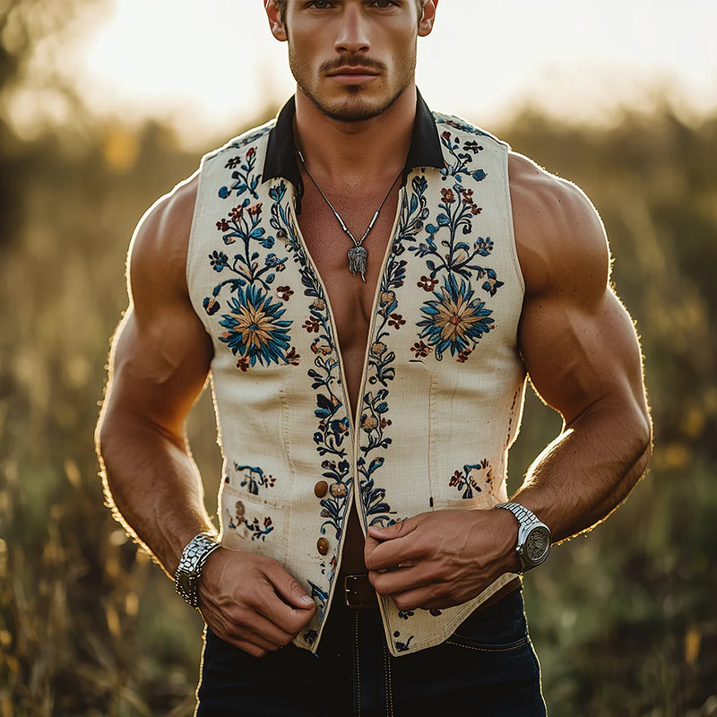 Bart | Men'S Summer Fashion Embroidery Slub Linen Collared Sleeveless Vest - Image 2