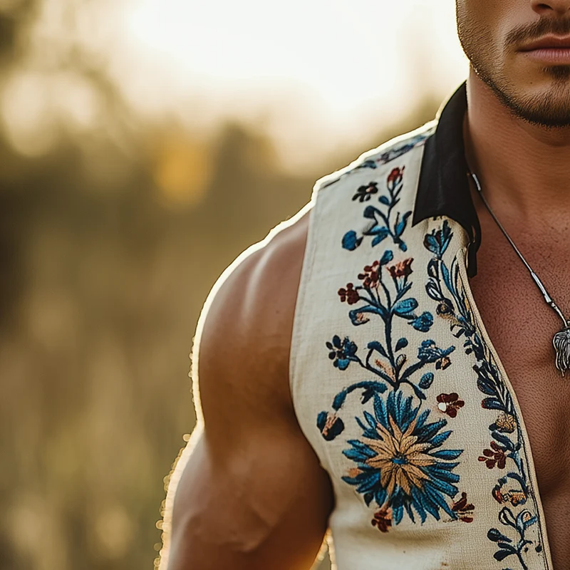 Bart | Men'S Summer Fashion Embroidery Slub Linen Collared Sleeveless Vest - Image 3