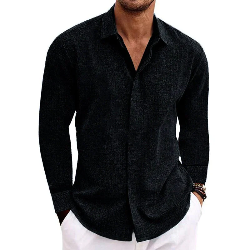 Bartel® | Men's Casual Loose Solid Color Cotton Linen Long Sleeve Shirt 01703150M - Image 2