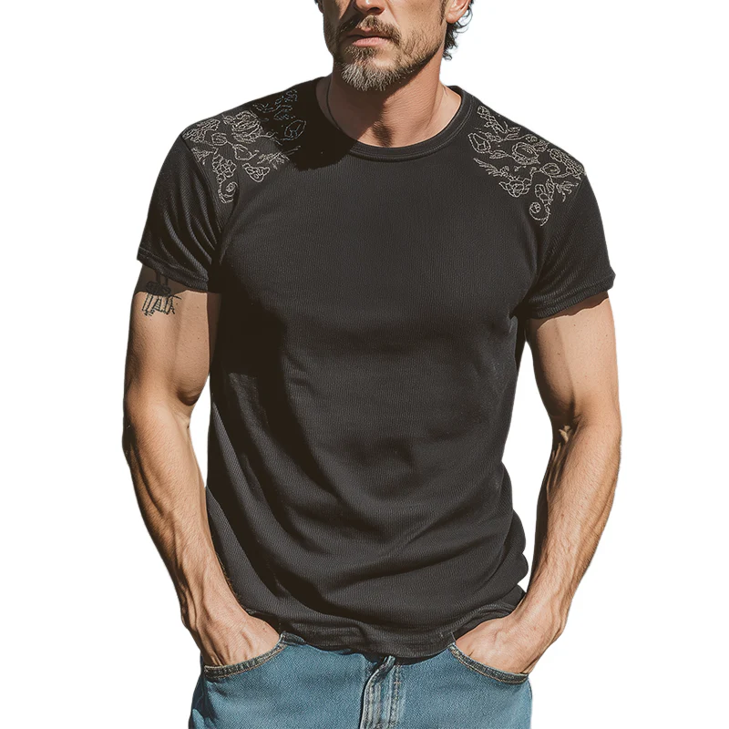Basil | Men'S Spring And Summer Fashion Casual Shoulder Embroidery Cotton Blended Ribbed Texture Slim Round Neck Short-Sleeved T-Shirt