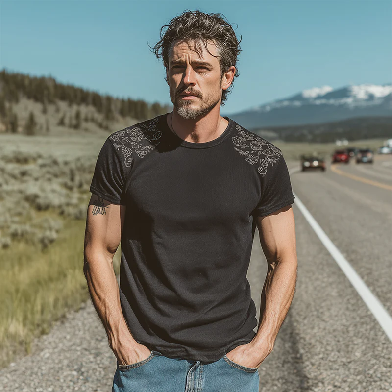 Basil | Men'S Spring And Summer Fashion Casual Shoulder Embroidery Cotton Blended Ribbed Texture Slim Round Neck Short-Sleeved T-Shirt - Image 3