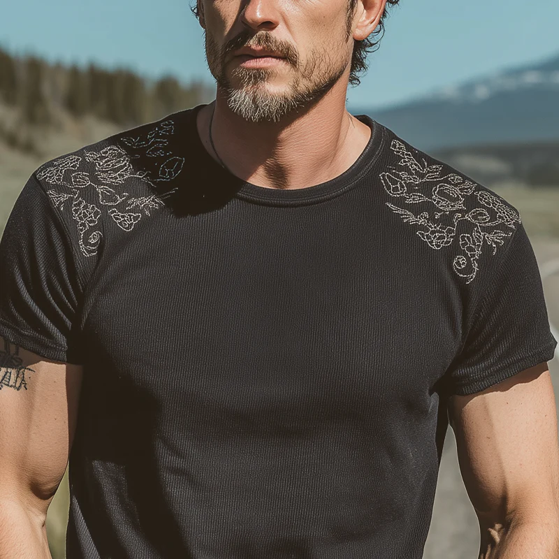 Basil | Men'S Spring And Summer Fashion Casual Shoulder Embroidery Cotton Blended Ribbed Texture Slim Round Neck Short-Sleeved T-Shirt - Image 4
