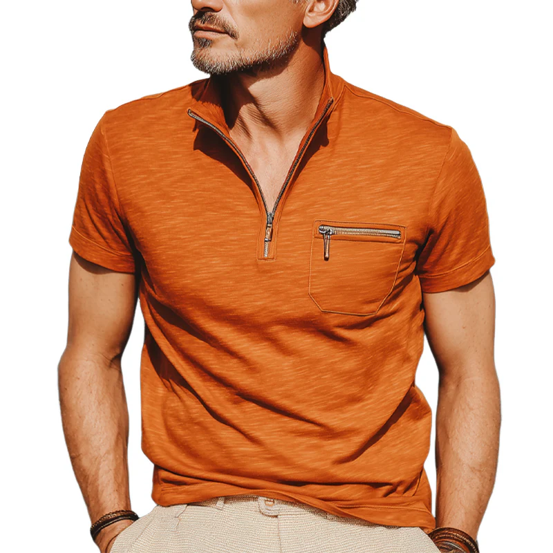 Ben | Men'S Business Cotton Stand Collar Quarter Zip Short Sleeve T-Shirt