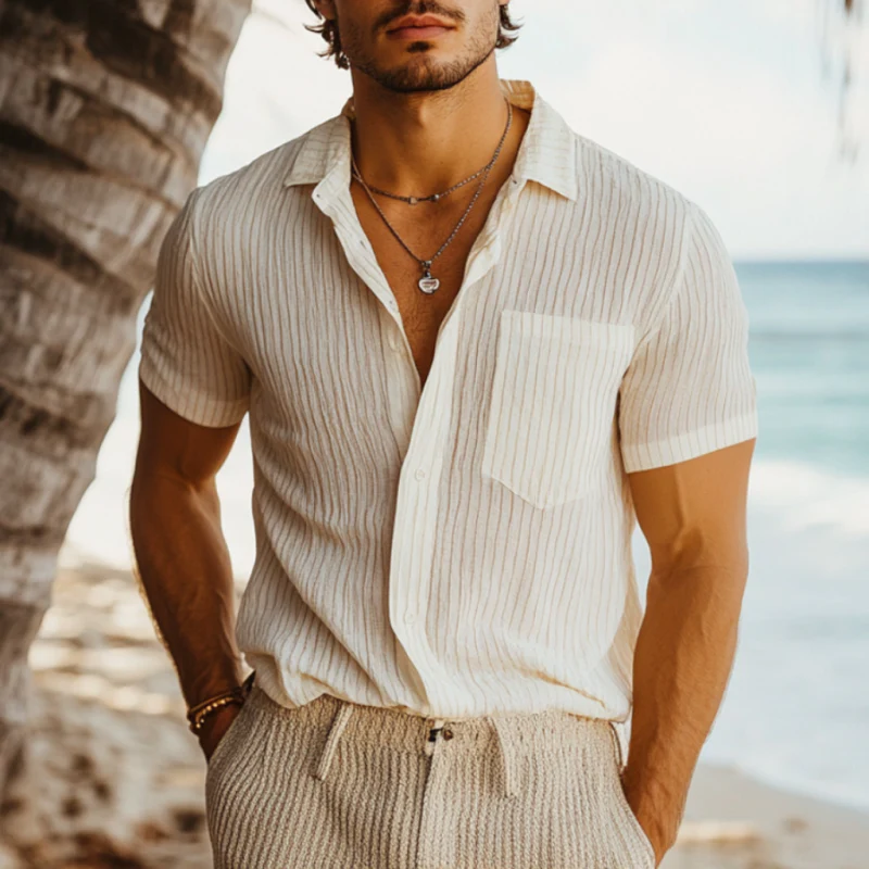 Benito | Men'S Casual Breathable Linen Striped Lapel Patch Pocket Slim Fit Short Sleeve Shirt - Image 2