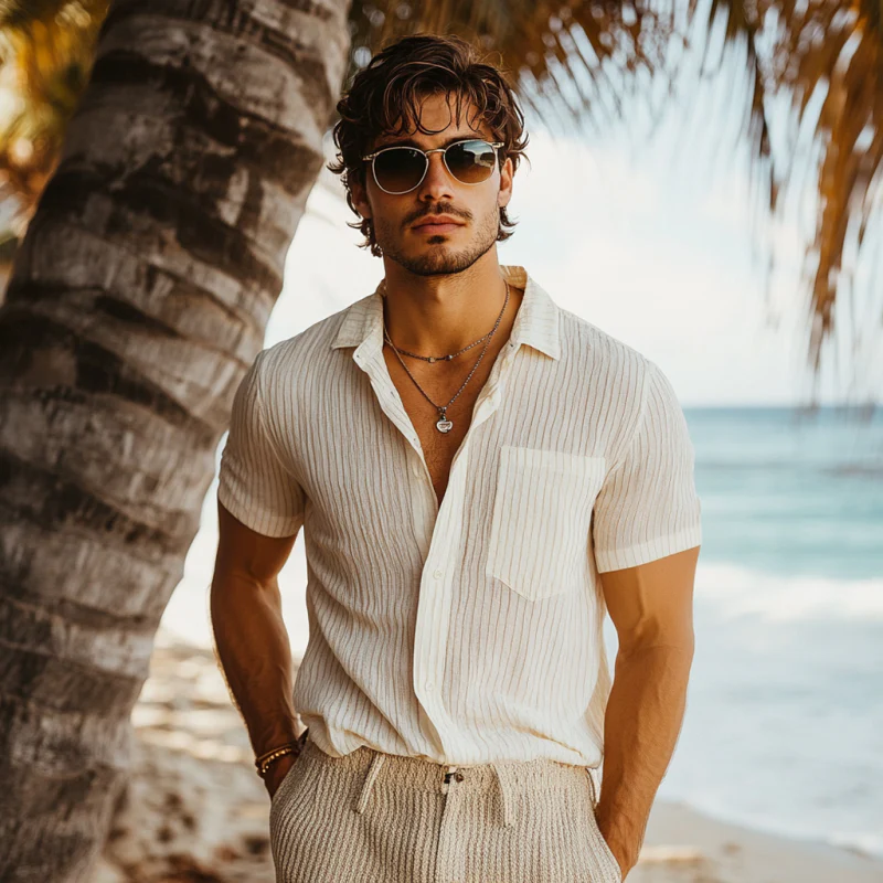 Benito | Men'S Casual Breathable Linen Striped Lapel Patch Pocket Slim Fit Short Sleeve Shirt - Image 3