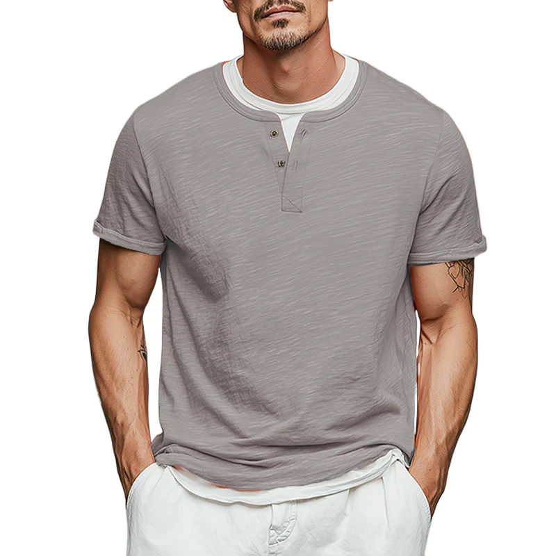 Benito | Men'S Spring And Summer Fashion Casual Cotton Blended Henry Collar Fake Two-Piece Short Sleeve T-Shirt