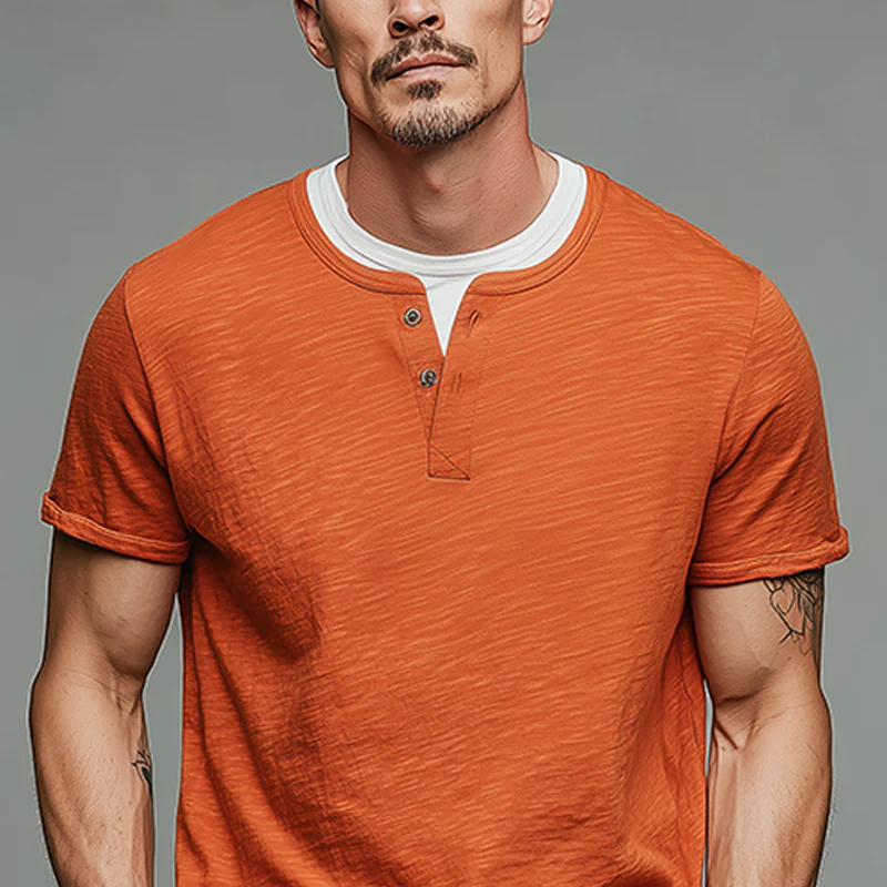 Benito | Men'S Spring And Summer Fashion Casual Cotton Blended Henry Collar Fake Two-Piece Short Sleeve T-Shirt - Image 7