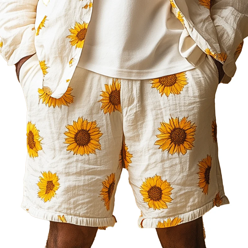 Benito | Men'S Summer Fashion Sunflower Printed Cotton And Linen Casual Shorts