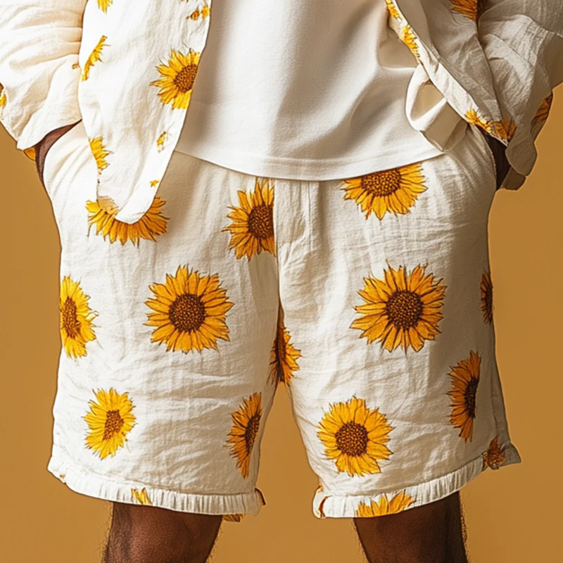 Benito | Men'S Summer Fashion Sunflower Printed Cotton And Linen Casual Shorts - Image 2