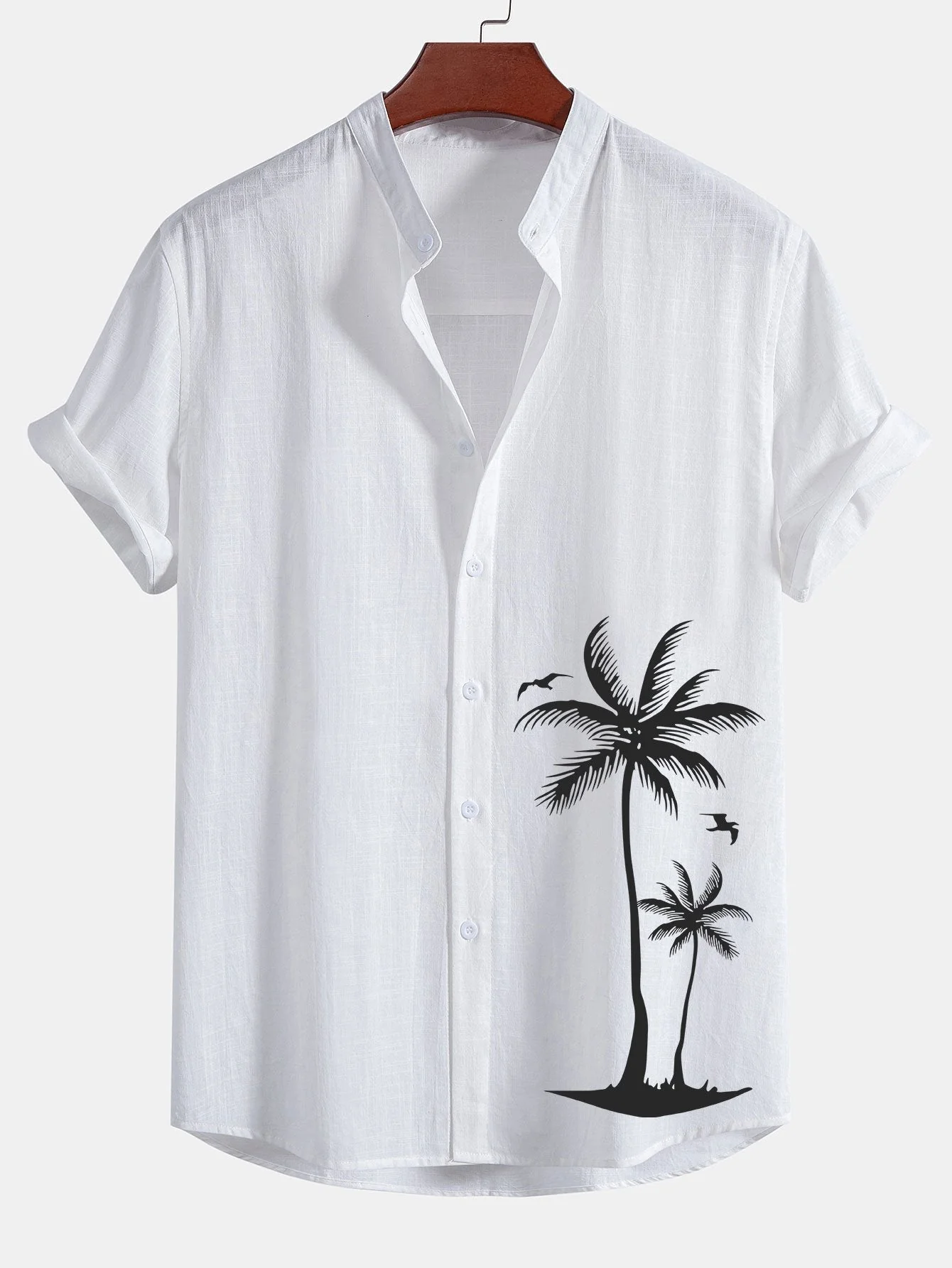 Benjamín® | Palm Tree Print Linen Look Cotton Stand Collar Shirt