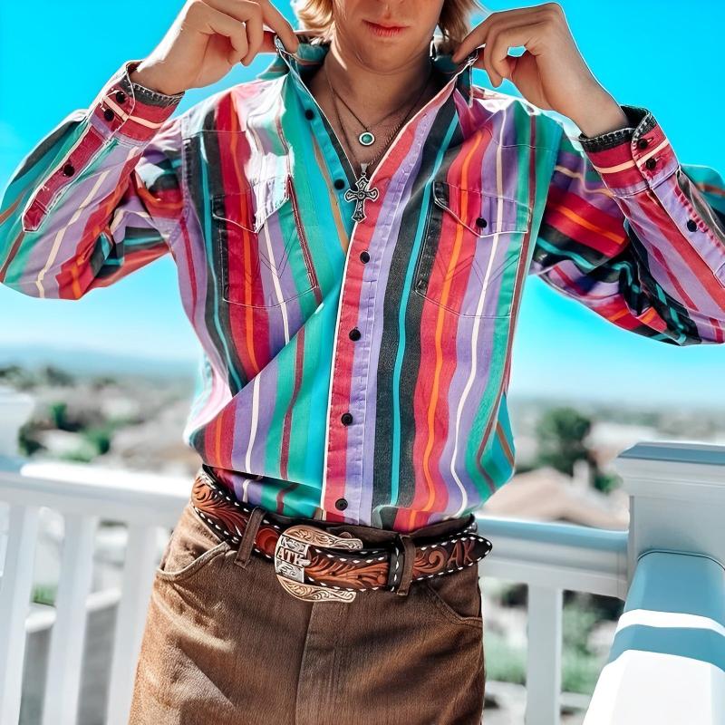 Beryl® | Men's Retro Color Block Stripe Printed Loose Long Sleeve Shirt 74916689M - Image 3