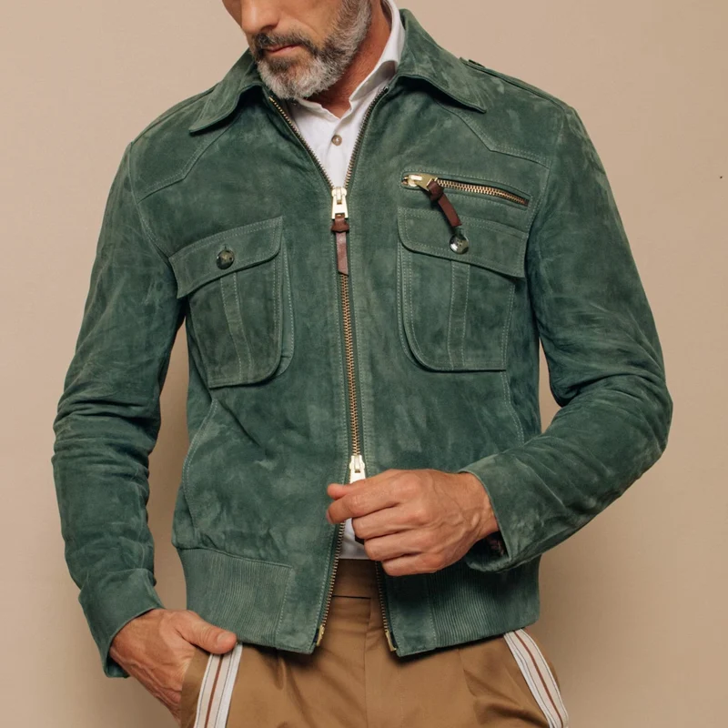 Besart® | Men's Retro Lapel Zipper Breast Pocket Suede Jacket 01953047Z - Image 2