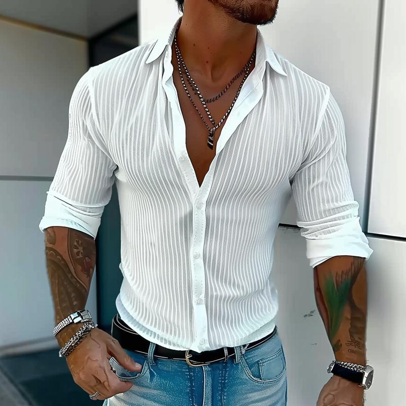 Best® | Men's Solid Color Striped Lapel Long Sleeve Shirt 94598700Z - Image 2