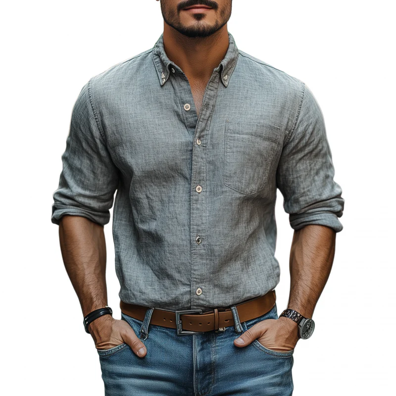 Bill | Men'S Casual Breathable Cotton Linen Lapel Patch Pocket Slim Fit Long Sleeve Shirt