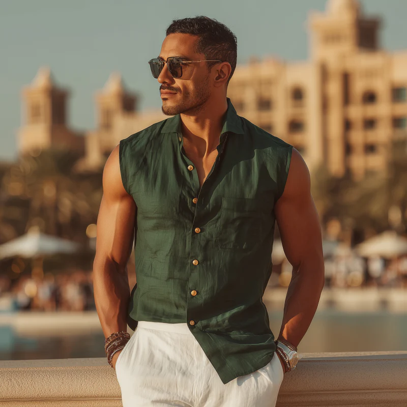 Bill | Men'S Casual Solid Color Cotton Linen Lapel Patch Pocket Slim Fit Sleeveless Shirt - Image 3