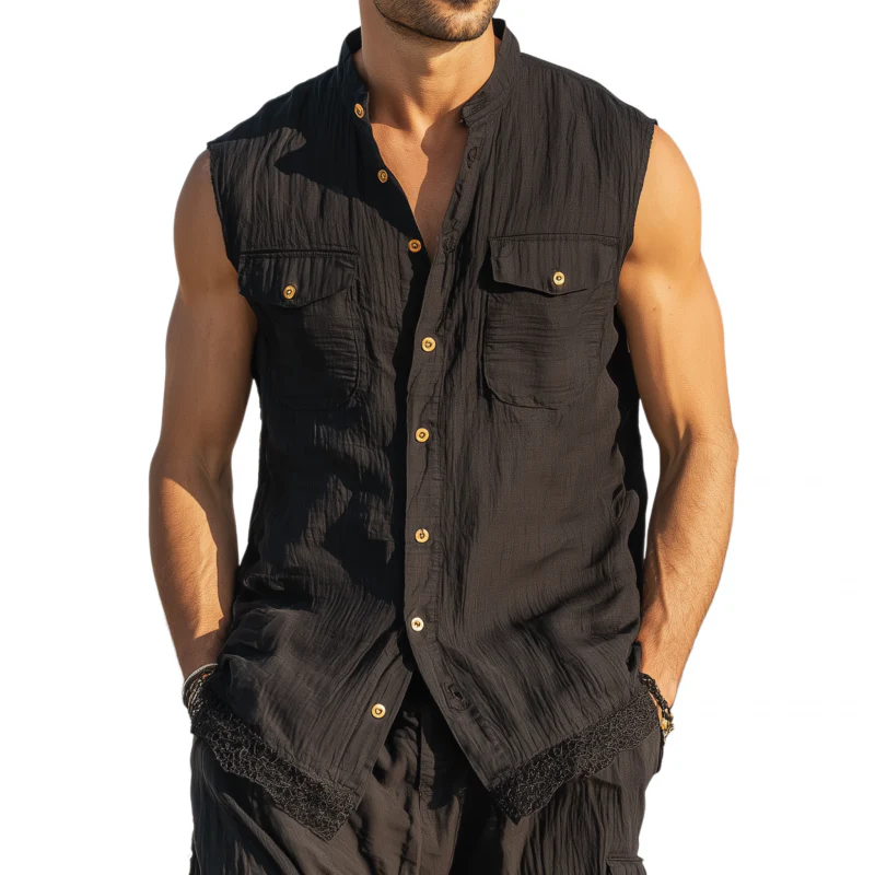 Blake | Men'S Casual Solid Color Cotton Stand Collar Lace Hem Patchwork Single Breasted Slim Fit Sleeveless Shirt