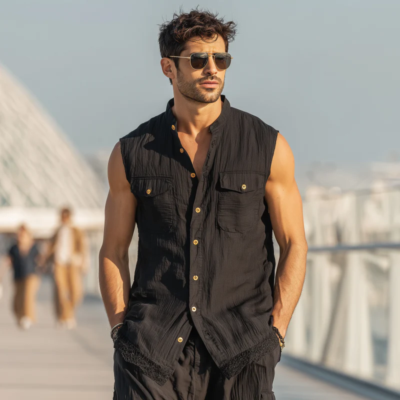 Blake | Men'S Casual Solid Color Cotton Stand Collar Lace Hem Patchwork Single Breasted Slim Fit Sleeveless Shirt - Image 3
