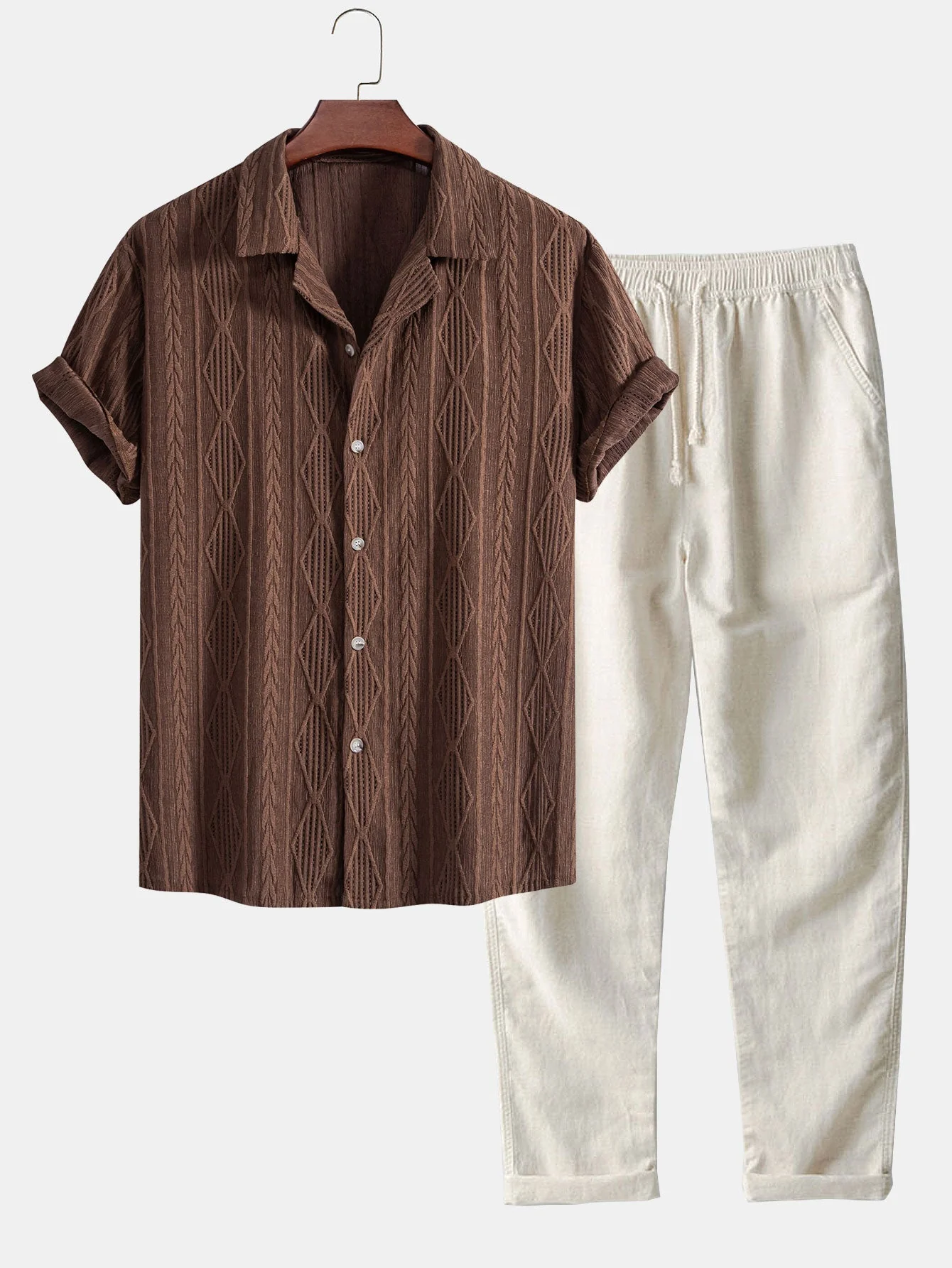 Bobby® | Geometric Jacquard Eyelet Cuban Shirt & Straight Leg Linen Pants