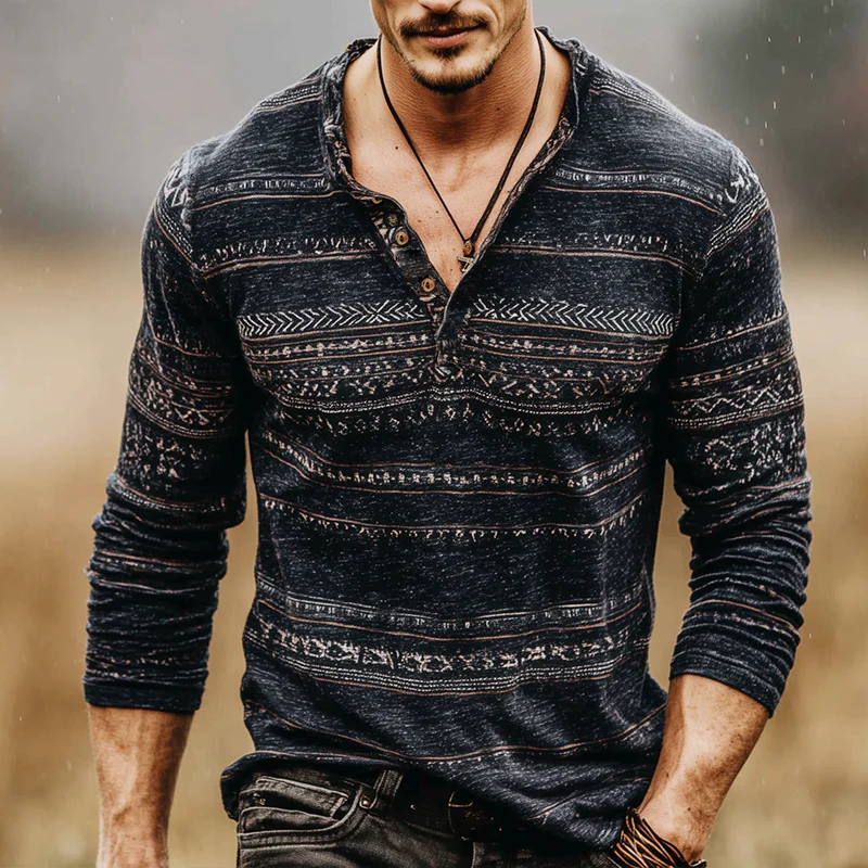 Bradley | Men'S Retro Casual Wilderness Ethnic Style Printed Henry Long Sleeve T-Shirt - Image 2