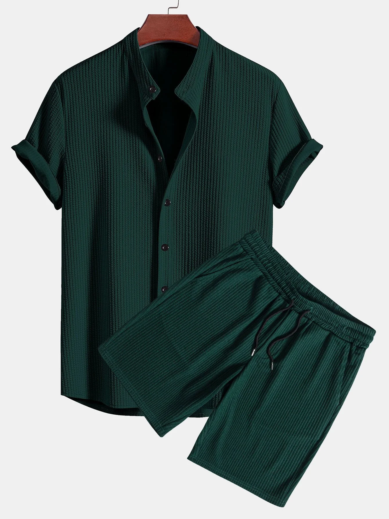 Brandon® | Muscle Fit Ribbed Stand Collar Shirt & Shorts - Image 2