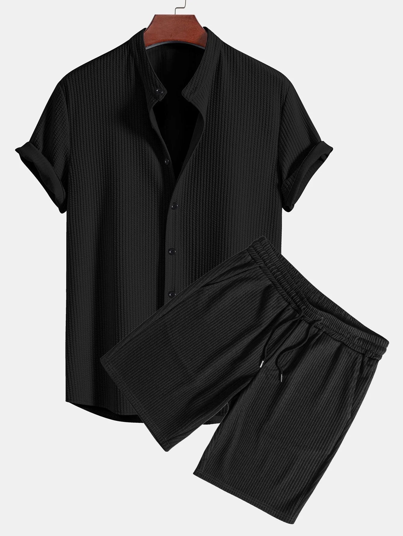 Brandon® | Muscle Fit Ribbed Stand Collar Shirt & Shorts - Image 3