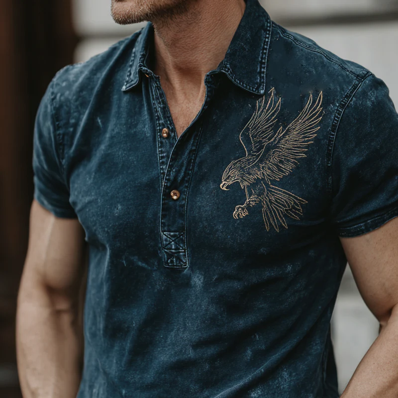 Brandon | Men'S Bald Eagle Embroidered Short Sleeve Denim Polo Shirt - Image 3