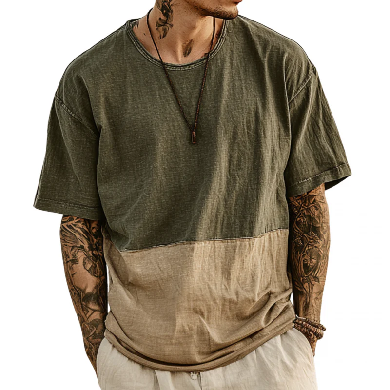 Bryan | Men'S Casual Outdoor Colorblock Patchwork Cotton Washed Distressed Round Neck Loose Short-Sleeved T-Shirt