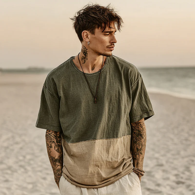 Bryan | Men'S Casual Outdoor Colorblock Patchwork Cotton Washed Distressed Round Neck Loose Short-Sleeved T-Shirt - Image 3