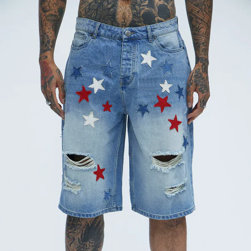 Caleb | Men'S Spring And Summer Fashion Casual Washed Denim Patch Five-Pointed Star Decorated Ripped Shorts - Image 2
