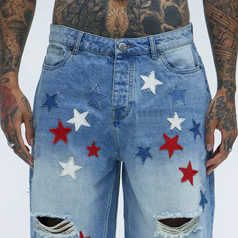 Caleb | Men'S Spring And Summer Fashion Casual Washed Denim Patch Five-Pointed Star Decorated Ripped Shorts - Image 4