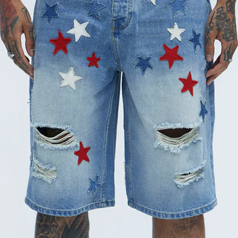 Caleb | Men'S Spring And Summer Fashion Casual Washed Denim Patch Five-Pointed Star Decorated Ripped Shorts - Image 5