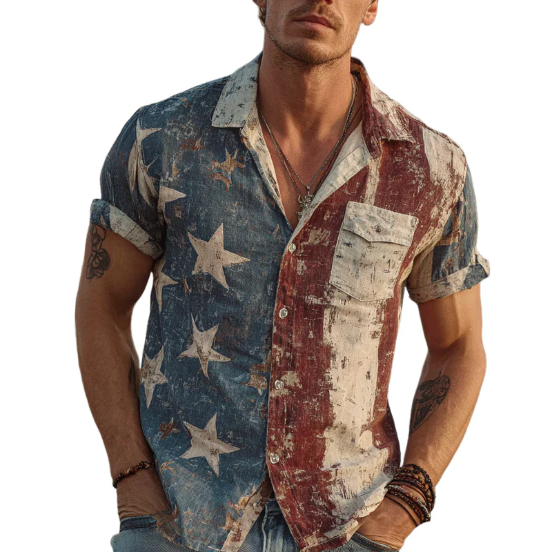 Caleb | Men'S Vintage American Flag Print Short Sleeve Shirt