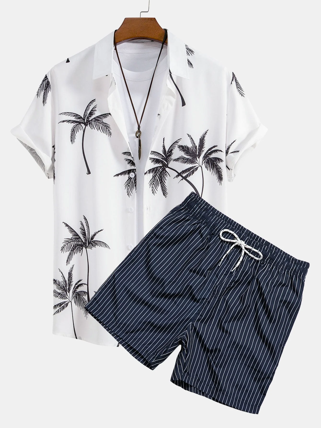Carl® | Palm Tree Print Button Up Shirt & Striped Print Swim Shorts