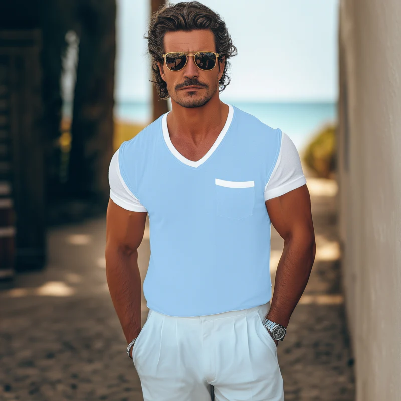 Carl | Men'S Casual Breathable Cotton Colorblock V-Neck Patch Pocket Slim Fit Short-Sleeved T-Shirt - Image 3