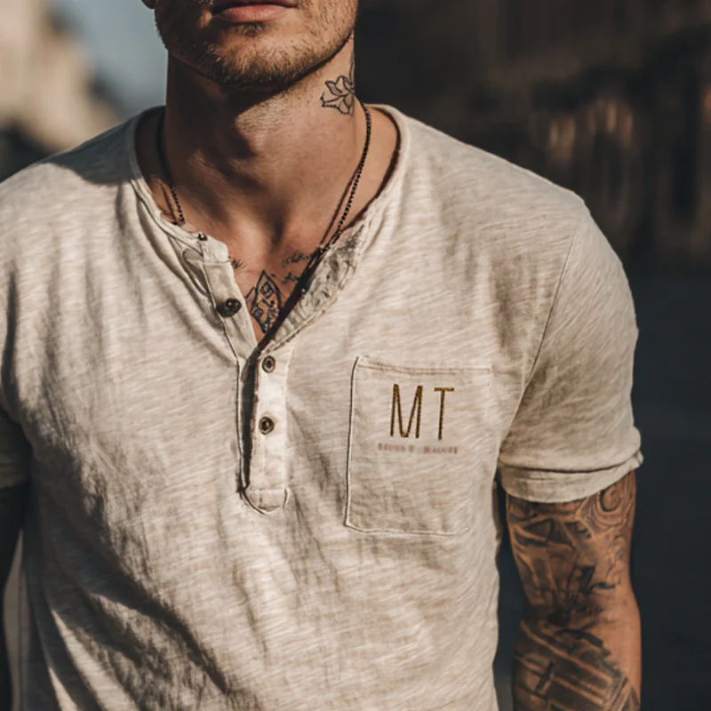 Carlos | Men'S Casual Letter Printed Henley Neck Short Sleeve T-Shirt - Image 3
