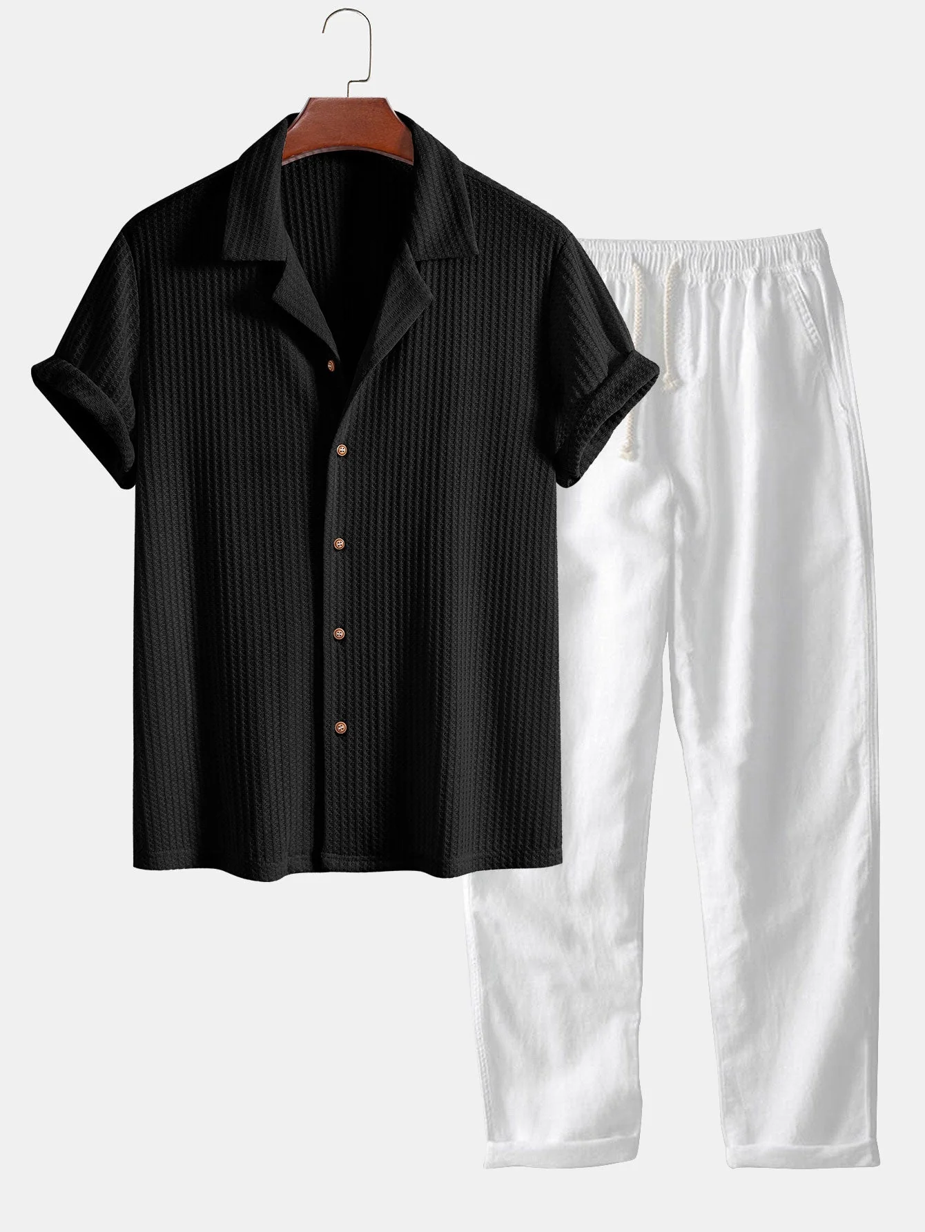 Carson® | Short Sleeve Knitted Waffle Cuban Shirt & Straight Leg Linen Pants - Image 4