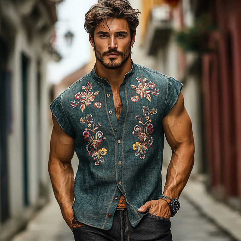 Cesar | Men'S Casual Cotton And Linen Embroidered Small Flying Sleeve Lapel Shirt - Image 3