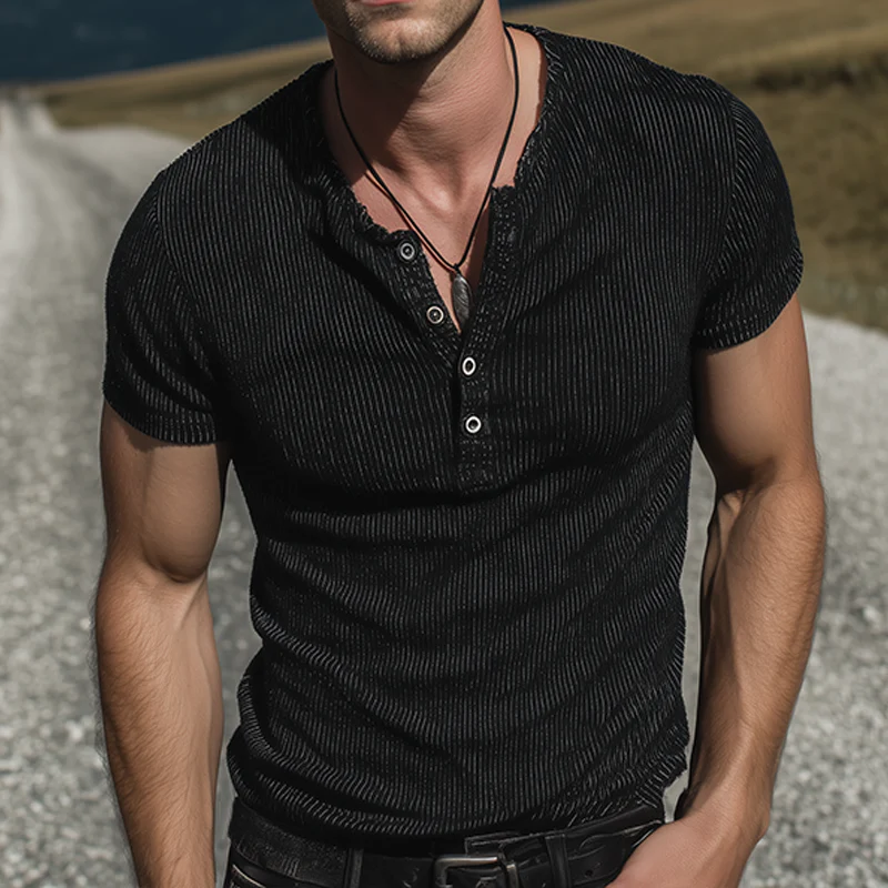 Chandler | Men'S Vintage Casual Striped Henley Short Sleeve T-Shirt - Image 2