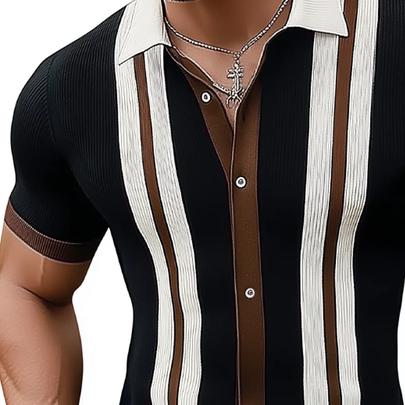 Christian | Men'S Business Slim Fit Colorblock Knitted Button Short Sleeve Shirt - Image 2