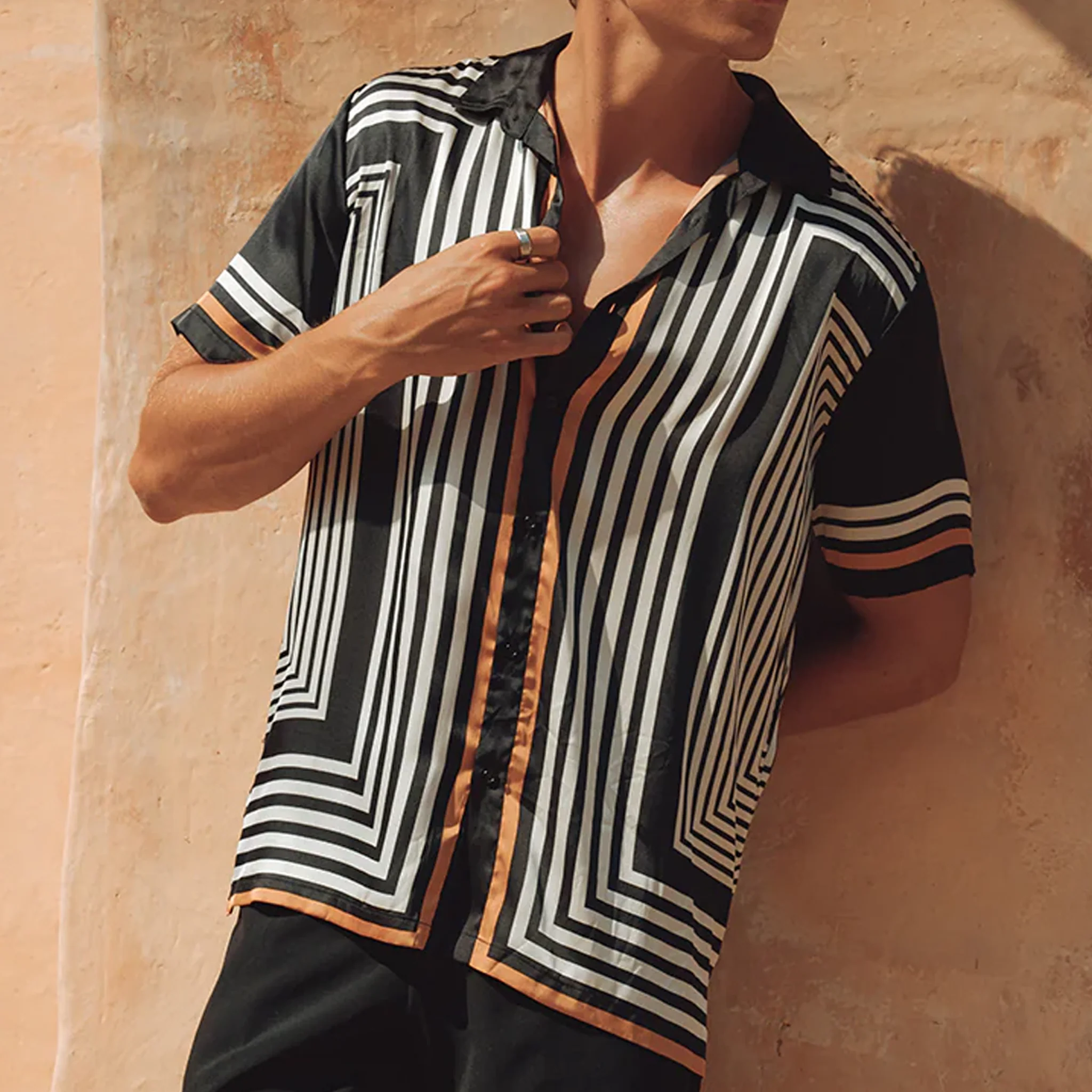 Christian | Men'S Retro Casual Contrast Stripe Printed Satin Short Sleeve Shirt - Image 10