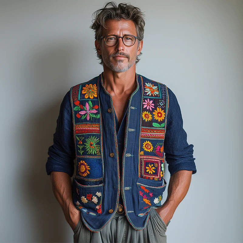 Chuck | Men'S Summer Fashion Premium Bohemian Embroidery Slub Linen Vest - Image 2