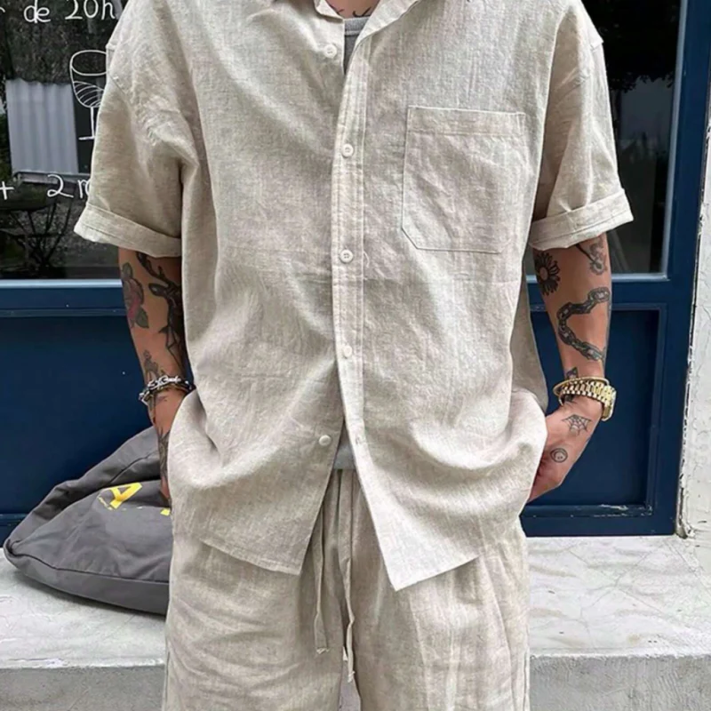 Claudio | Men'S Casual Breathable Linen Lapel Patch Pocket Loose Short Sleeve Shirt Elastic Waist Shorts Holiday Set - Image 3